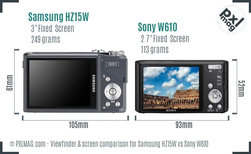 Samsung HZ15W vs Sony W610 Screen and Viewfinder comparison