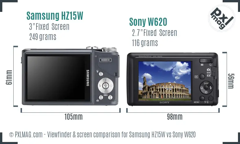 Samsung HZ15W vs Sony W620 Screen and Viewfinder comparison