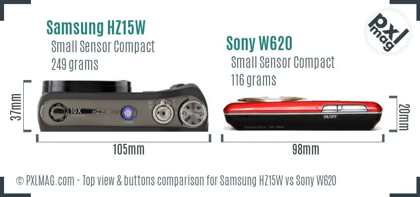 Samsung HZ15W vs Sony W620 top view buttons comparison