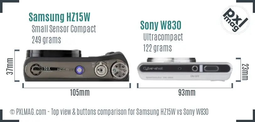 Samsung HZ15W vs Sony W830 top view buttons comparison