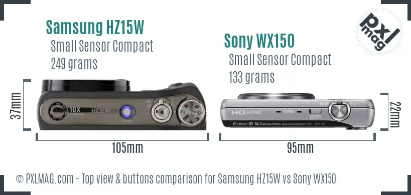 Samsung HZ15W vs Sony WX150 top view buttons comparison