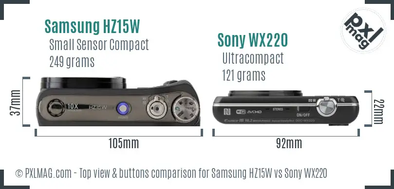 Samsung HZ15W vs Sony WX220 top view buttons comparison