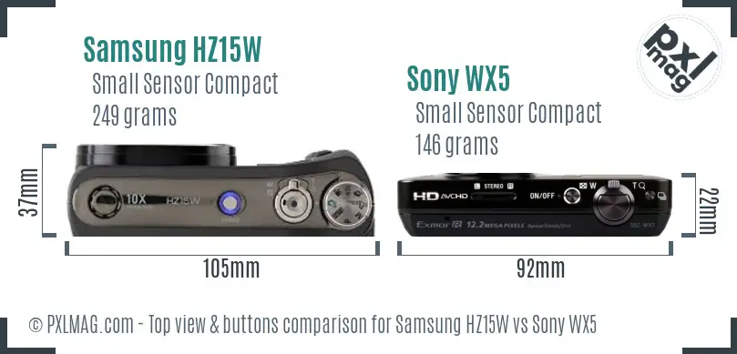 Samsung HZ15W vs Sony WX5 top view buttons comparison