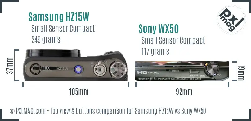 Samsung HZ15W vs Sony WX50 top view buttons comparison
