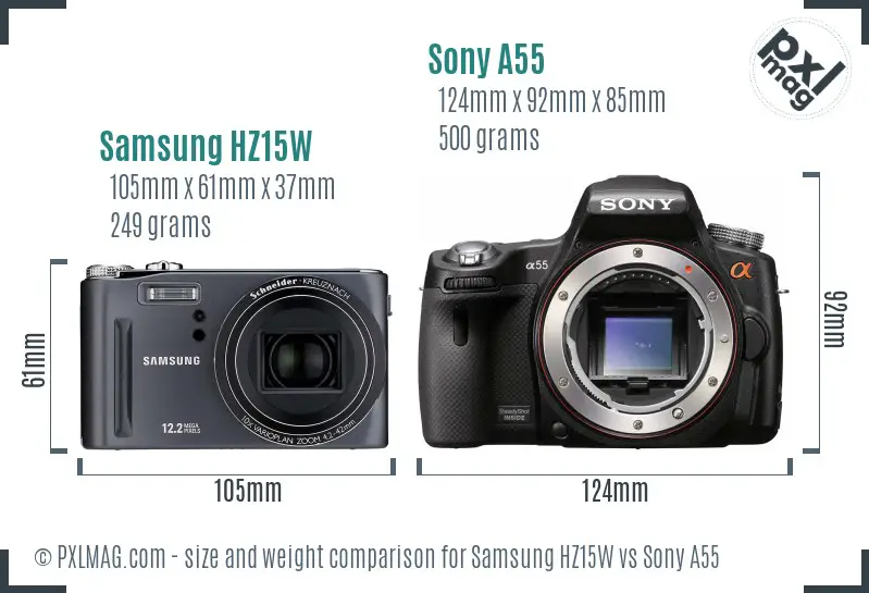 Samsung HZ15W vs Sony A55 size comparison