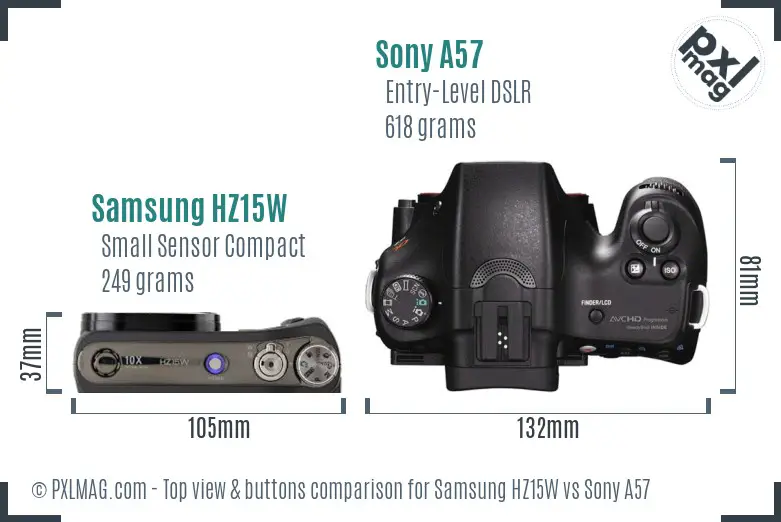 Samsung HZ15W vs Sony A57 top view buttons comparison