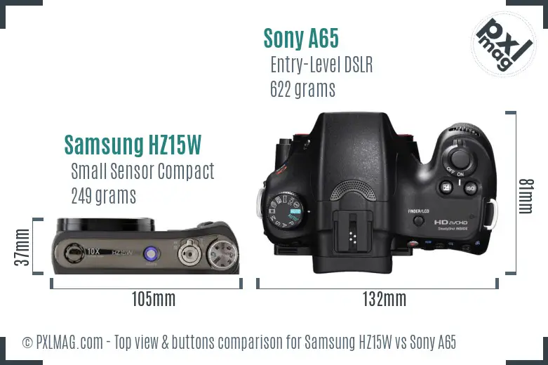 Samsung HZ15W vs Sony A65 top view buttons comparison