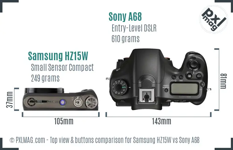 Samsung HZ15W vs Sony A68 top view buttons comparison