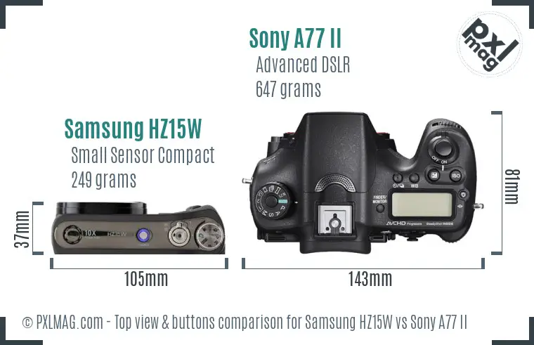 Samsung HZ15W vs Sony A77 II top view buttons comparison