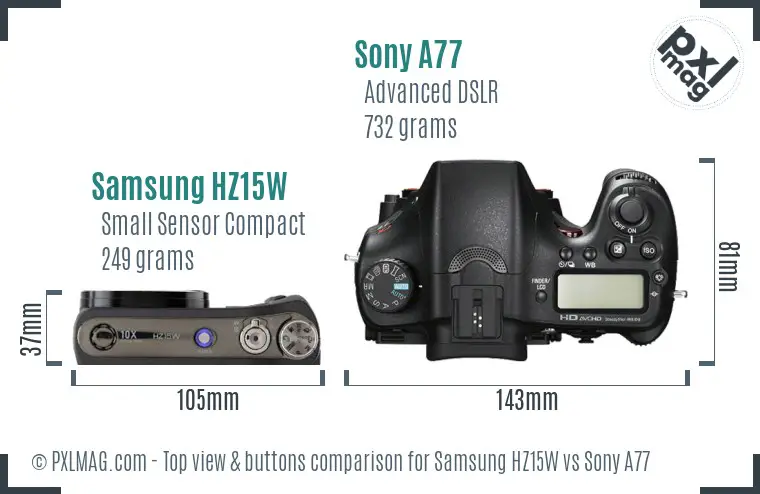 Samsung HZ15W vs Sony A77 top view buttons comparison