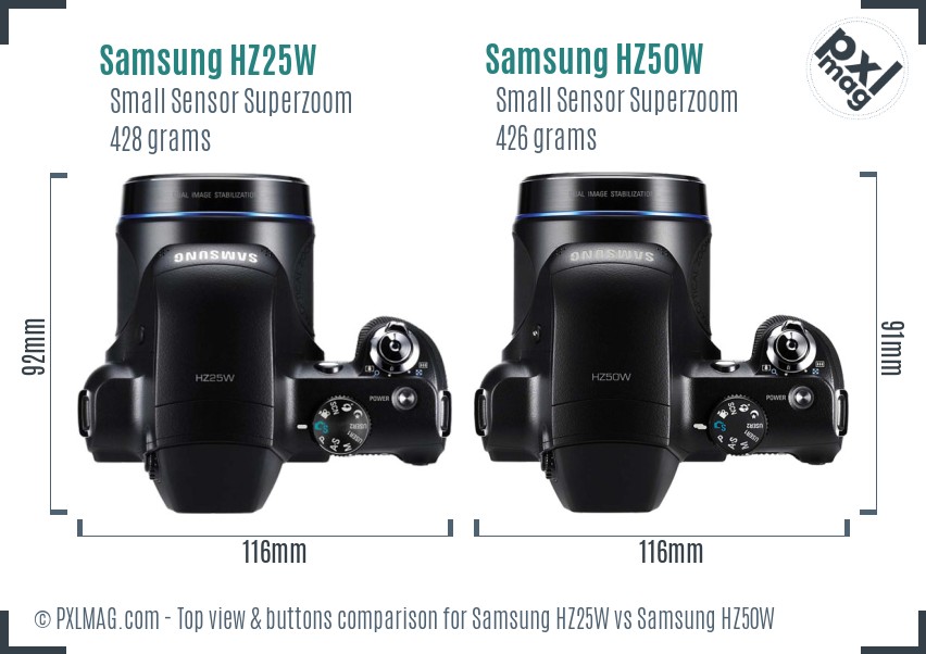 Samsung HZ25W vs Samsung HZ50W top view buttons comparison