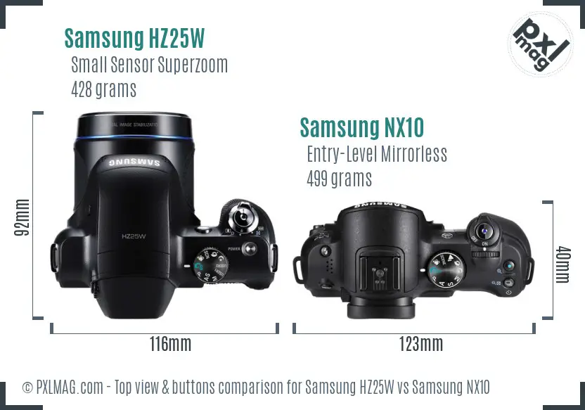 Samsung HZ25W vs Samsung NX10 top view buttons comparison