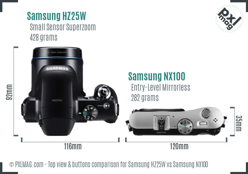 Samsung HZ25W vs Samsung NX100 top view buttons comparison