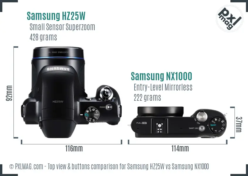 Samsung HZ25W vs Samsung NX1000 top view buttons comparison