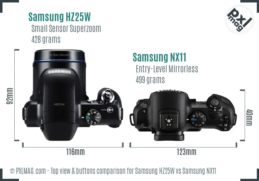 Samsung HZ25W vs Samsung NX11 top view buttons comparison