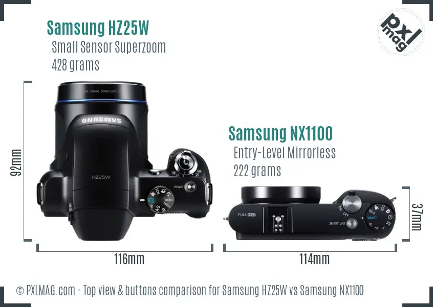 Samsung HZ25W vs Samsung NX1100 top view buttons comparison
