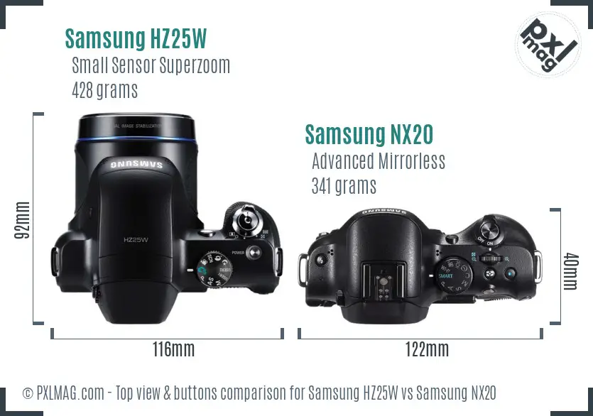 Samsung HZ25W vs Samsung NX20 top view buttons comparison