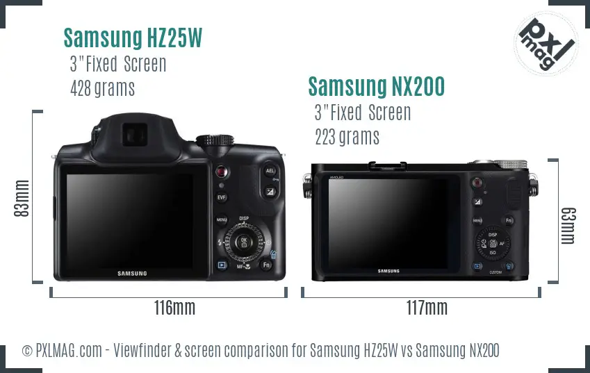 Samsung HZ25W vs Samsung NX200 Screen and Viewfinder comparison