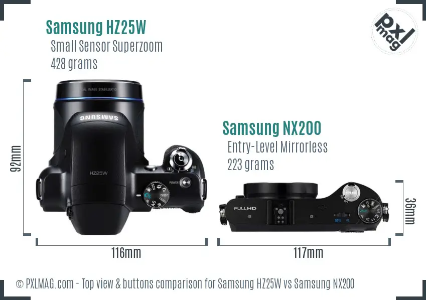 Samsung HZ25W vs Samsung NX200 top view buttons comparison