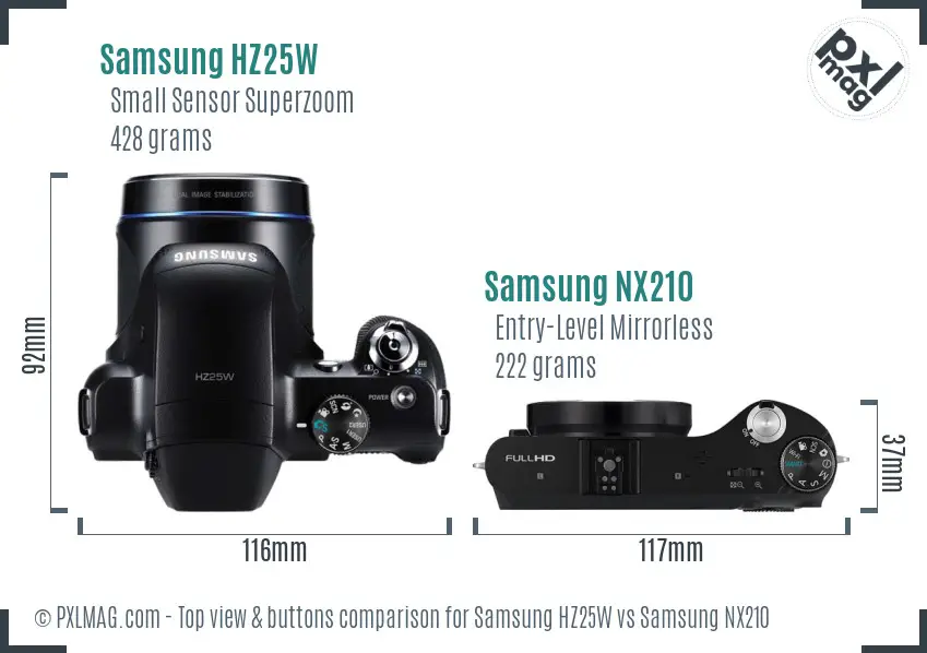 Samsung HZ25W vs Samsung NX210 top view buttons comparison