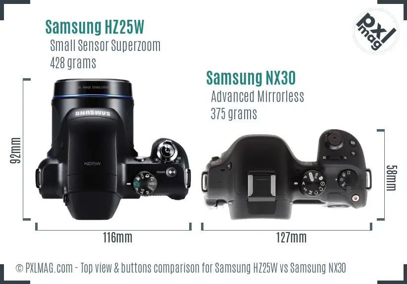 Samsung HZ25W vs Samsung NX30 top view buttons comparison