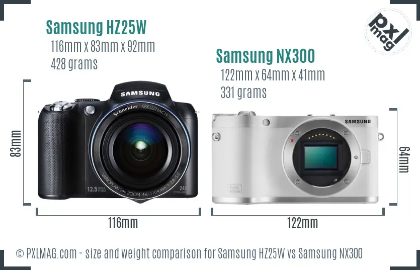 Samsung HZ25W vs Samsung NX300 size comparison