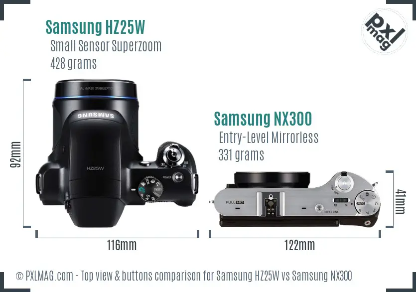 Samsung HZ25W vs Samsung NX300 top view buttons comparison