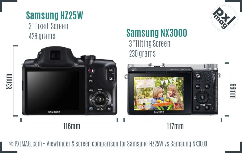 Samsung HZ25W vs Samsung NX3000 Screen and Viewfinder comparison