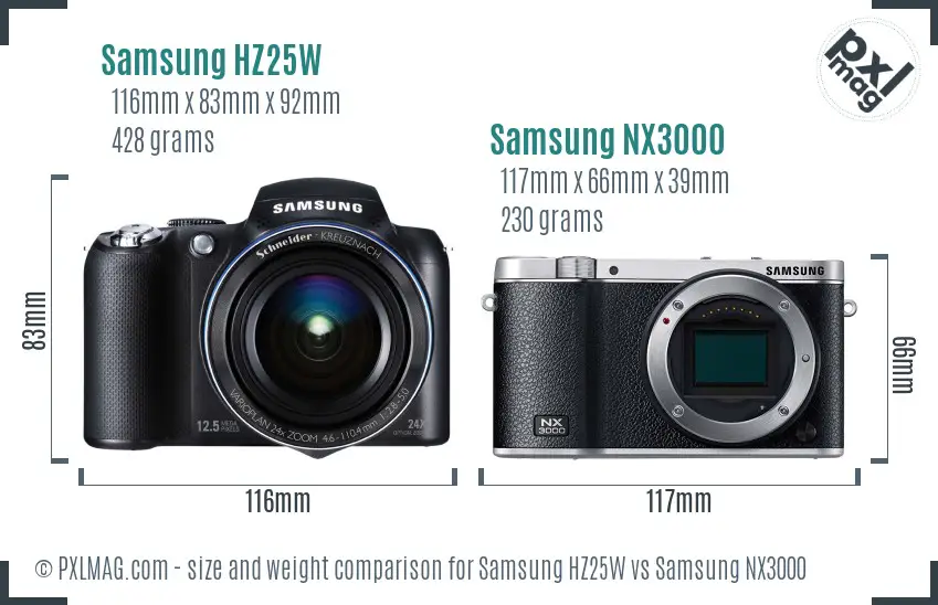 Samsung HZ25W vs Samsung NX3000 size comparison