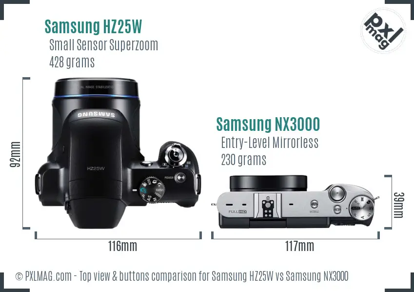 Samsung HZ25W vs Samsung NX3000 top view buttons comparison