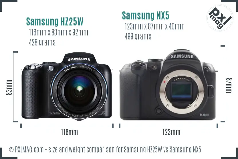 Samsung HZ25W vs Samsung NX5 size comparison
