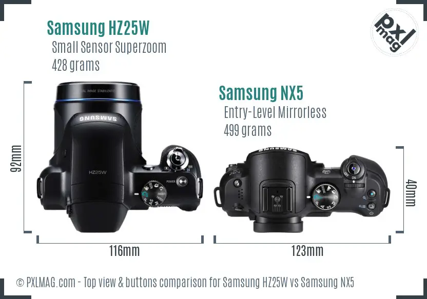 Samsung HZ25W vs Samsung NX5 top view buttons comparison