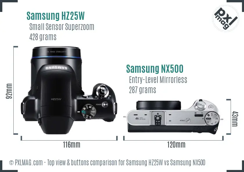 Samsung HZ25W vs Samsung NX500 top view buttons comparison