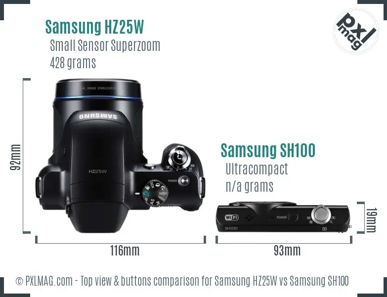 Samsung HZ25W vs Samsung SH100 top view buttons comparison