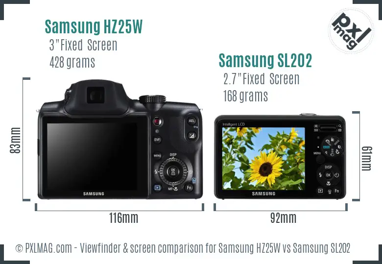 Samsung HZ25W vs Samsung SL202 Screen and Viewfinder comparison