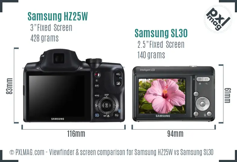 Samsung HZ25W vs Samsung SL30 Screen and Viewfinder comparison