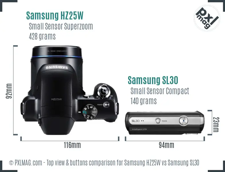 Samsung HZ25W vs Samsung SL30 top view buttons comparison