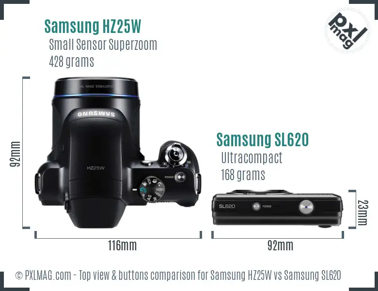 Samsung HZ25W vs Samsung SL620 top view buttons comparison