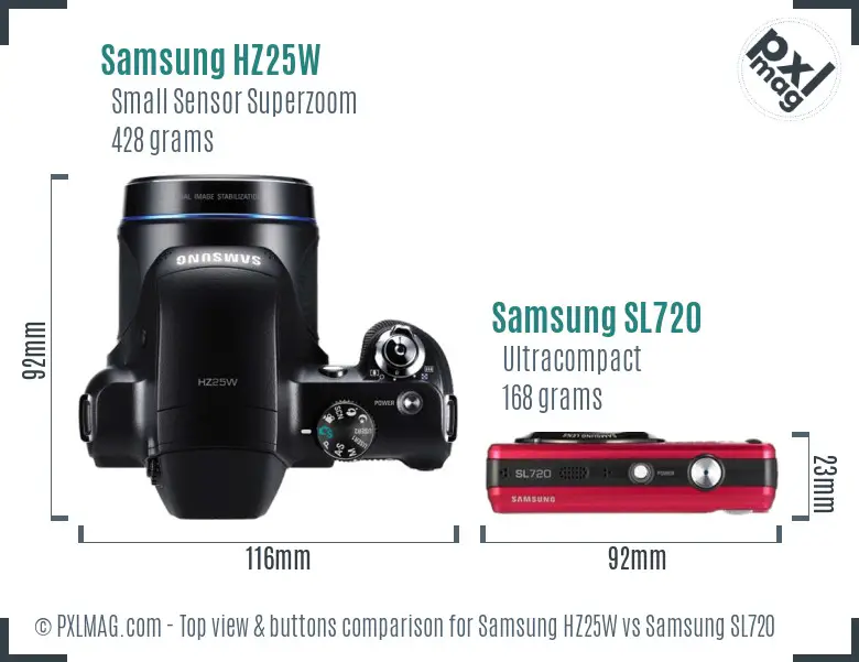 Samsung HZ25W vs Samsung SL720 top view buttons comparison