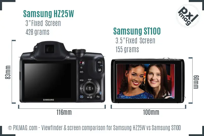 Samsung HZ25W vs Samsung ST100 Screen and Viewfinder comparison