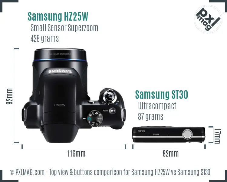 Samsung HZ25W vs Samsung ST30 top view buttons comparison