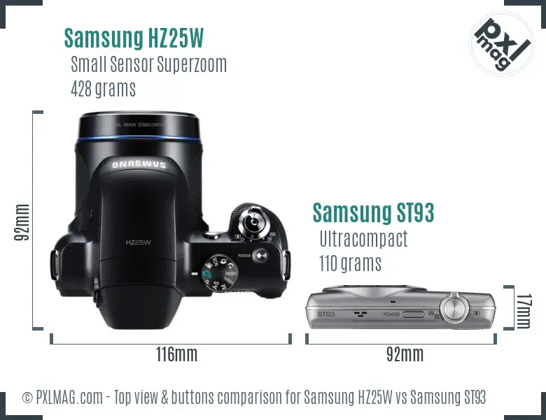 Samsung HZ25W vs Samsung ST93 top view buttons comparison Samsung HZ25W vs Samsung ST93 top view buttons comparison