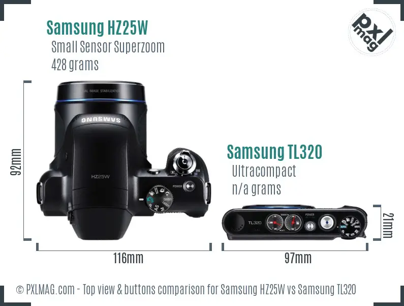 Samsung HZ25W vs Samsung TL320 top view buttons comparison Samsung HZ25W vs Samsung TL320 top view buttons comparison