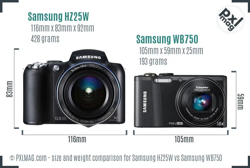 Samsung HZ25W vs Samsung WB750 size comparison
