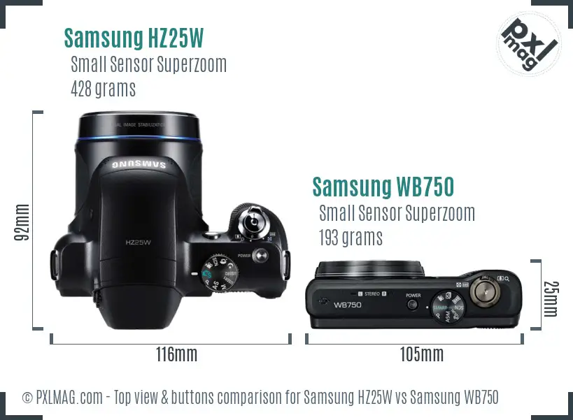 Samsung HZ25W vs Samsung WB750 top view buttons comparison