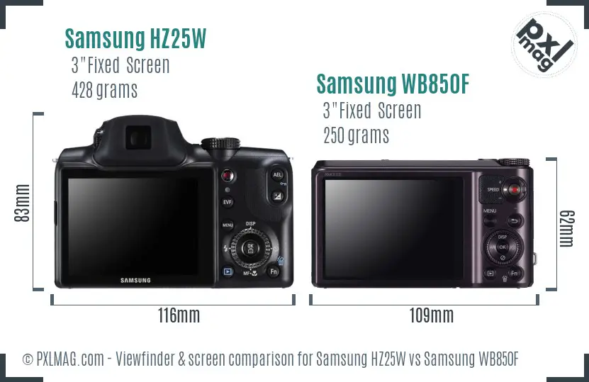 Samsung HZ25W vs Samsung WB850F Screen and Viewfinder comparison