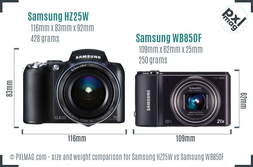 Samsung HZ25W vs Samsung WB850F size comparison