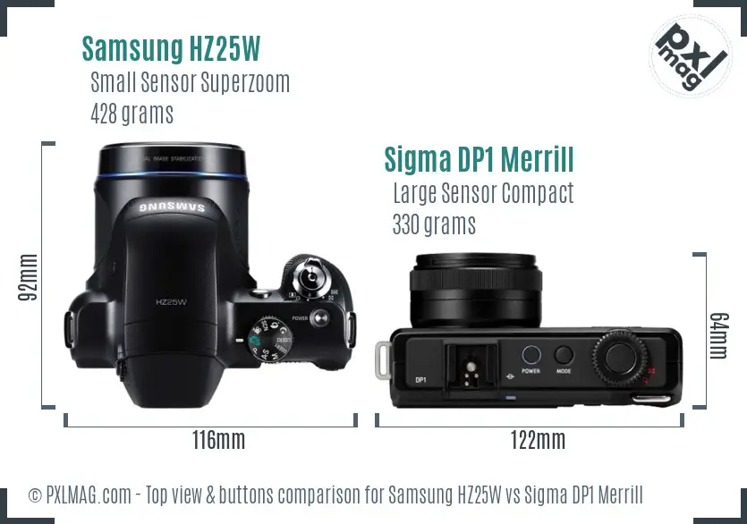 Samsung HZ25W vs Sigma DP1 Merrill top view buttons comparison