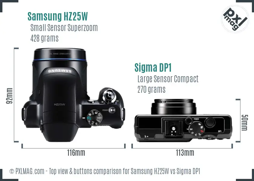 Samsung HZ25W vs Sigma DP1 top view buttons comparison
