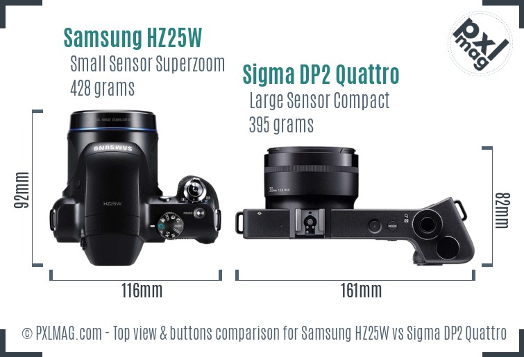 Samsung HZ25W vs Sigma DP2 Quattro top view buttons comparison